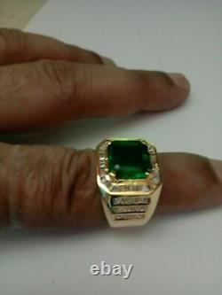 Colombian Lab Created Emerald & Baguette Men's Halo Ring 14K Yellow Gold Plated