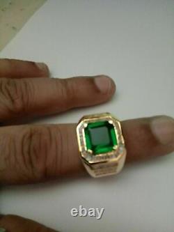 Colombian Lab Created Emerald & Baguette Men's Halo Ring 14K Yellow Gold Plated