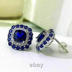 Cushion Cut Simulated Sapphire Halo Push Back Stud Earring 14k White Gold Plated
