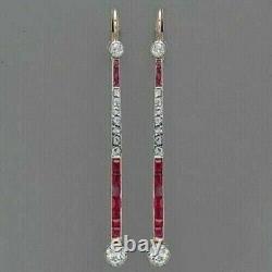 Emerald Cut Simulated Red Ruby Art Deco Drop Earrings In 14k Yellow Gold Plated