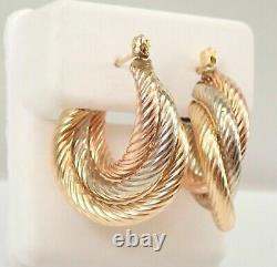 Estate Vintage 14K Yellow Rose White Gold Plated Silver TRI COLOR Hoop Earrings