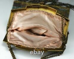 French Micro Hand Beaded Fringe Handbag Purse Gold Plated Metal Frame, c1890