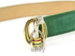 GUCCI Shelly Line Belt Waist Mark Suede Leather Gold Plated Green Italy 70-28