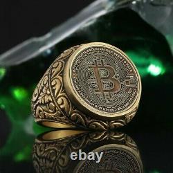 Gold Plated 925 Sterling Silver Bitcoin Memorial No Stone Mens Ring All Sizes