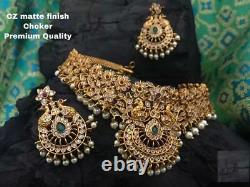 Gold Plated Bollywood Indian Traditional Choker Necklace Earring Kasu CZ AD Set