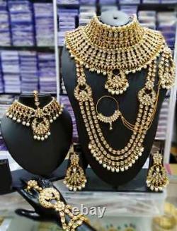 Gold Plated Bollywood Style Indian Kundan Bridal Necklace Earrings Tikka Jewelry