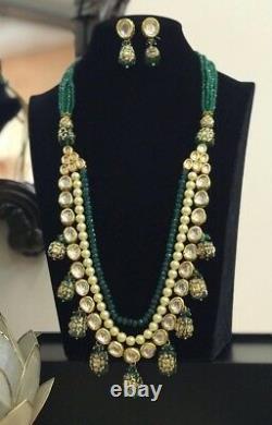 Gold Plated Bollywood Style Kundan Long Polki Pendent Green Necklace Set Bridal