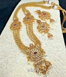 Gold Plated Bollywood Style Long CZ Haram Necklace Jhumka Earrings Bridal Set