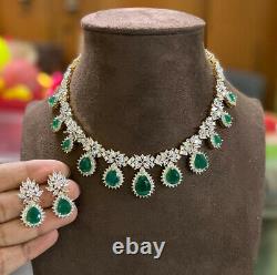 Gold Plated Indian Bollywood CZ AD Jewelry Necklace Earrings Green Emerald Set