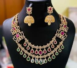 Gold Plated Indian Bollywood CZ Jewelry Necklace Earrings Red Green Jhumka Set