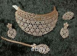 Gold Plated Indian Bollywood Chokerl CZ AD Jewelry Necklace Earrings Tikka Ring