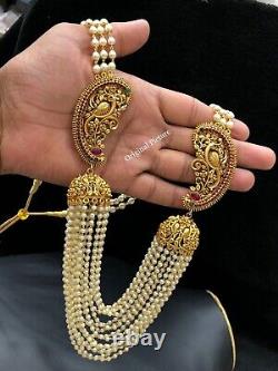 Gold Plated Indian Bollywood Style Haram CZ Necklace Nagas Pearl Jewelry Set