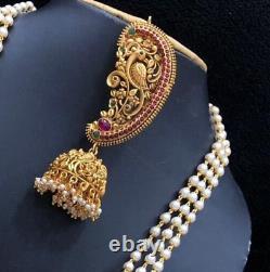 Gold Plated Indian Bollywood Style Haram CZ Necklace Nagas Pearl Jewelry Set