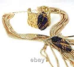 Gold Plated Long Necklace PURPLE Agate Blue Goldstone Stones By Patricia Adelson