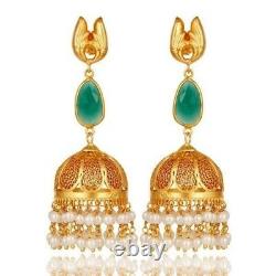 Green Onyx Pearl 18K Gold Plated 925 Sterling Silver Jhumka Earrings Jewelry