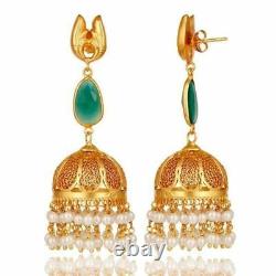 Green Onyx Pearl 18K Gold Plated 925 Sterling Silver Jhumka Earrings Jewelry
