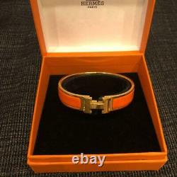 HERMES CLIC CLAC H Bracelet Bangle Cuff Orange Enamel Gold Plate Used NO BOX
