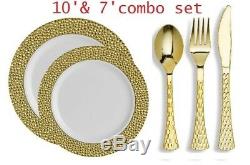 Hammered Head Gold Rim Disposable Plastic Plate Set With Gold Metallic Cutlery
