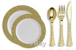 Hammered Head Gold Rim Disposable Plastic Plate Set With Gold Metallic Cutlery