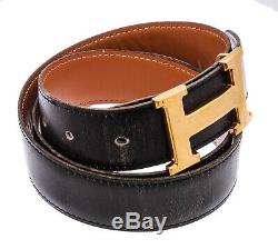Hermes Black Brown Reversible Leather Belt Gold Plated H Buckle