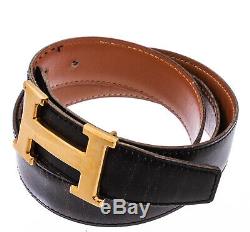 Hermes Black Brown Reversible Leather Belt Gold Plated H Buckle