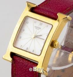 Hermès Heure H Women's Gold-Plated Quartz Watch with Original Pink Leather Band