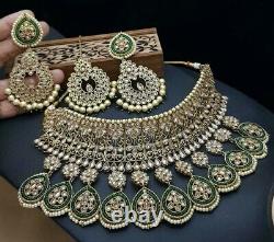 Indian Bollywood Gold Plated CZ AD Kundan Choker Necklace Earrings Tikka Jewelry