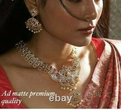 Indian Bollywood Gold Plated CZ AD Stone Bridal Necklace Earrings Set jewelry