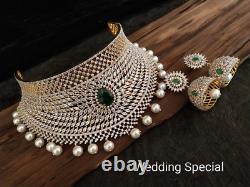 Indian Bollywood Gold Plated Jewellery CZ AD Bridal Choker Necklace Earring Set