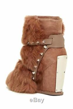 Ivy Kirzhner Swiss Tartufo Suede Genuine Rabbit Fur Wedge Gold Plate Ankle Boot
