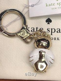KATE SPADE 12K Gold Plated Jeweled Owl Keychain Key Fob Bag Charm Gold /White