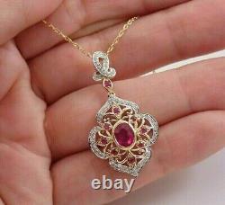 Lab Created 1.90 Ct Oval Red Ruby Flower Pendant 14K Yellow Gold Plated Silver