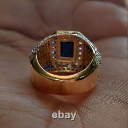 Lab Created Blue Sapphire 3.0Ct Emerald Halo Wedding Ring 14K Yellow Gold Plated
