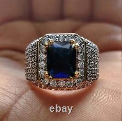 Lab Created Blue Sapphire 3.0Ct Emerald Halo Wedding Ring 14K Yellow Gold Plated