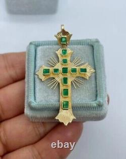 Lab Created Emerald 2.00Ct Emerald Cross Pendant 14K Yellow Gold Plated Silver
