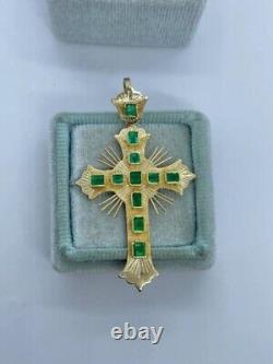Lab Created Emerald 2.00Ct Emerald Cross Pendant 14K Yellow Gold Plated Silver