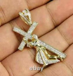 Lab Created Moissanite Men's Jesus Cross Charm Pendant 14k Yellow Gold Plated