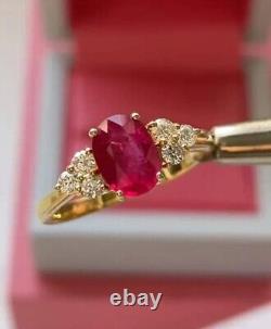 Lab Created Red Ruby 2.20Ct Oval Cut Solitaire Ring Yellow Gold Plated Silver