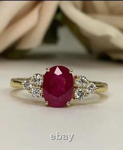 Lab Created Red Ruby 2.20Ct Oval Cut Solitaire Ring Yellow Gold Plated Silver