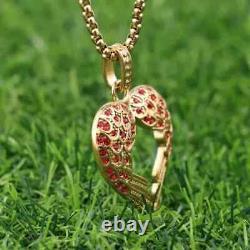 Lab Created Ruby 1.10Ct Round Cut Heart Wings Pendant 14k Yellow Gold Plated 18
