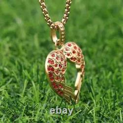 Lab Created Ruby 1.10Ct Round Cut Heart Wings Pendant 14k Yellow Gold Plated 18