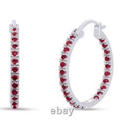 Lab Created Ruby 14K White Gold Plated Silver Women's Inside out Hoop Earrings