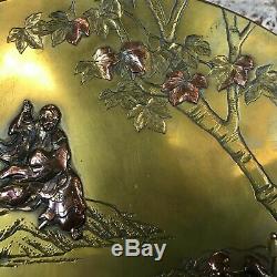 Large Early 20th C. Japanese Mixed Metal Over Bronze Inlay Plate