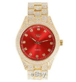 Men Ice Watch Bling Rapper Simulate Diamond Metal Band Gold Hip Luxury Cubic RED