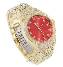 Men Ice Watch Bling Rapper Simulate Diamond Metal Band Gold Hip Luxury Cubic RED