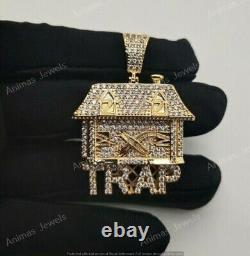 Men's 2 Ct Round Cut Moissanite Trap House Charm Pendant 14K Yellow Gold Plated