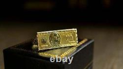 Men's Hundred Dollar Bill Money 2 Finger Ring Solid Metal 14K Yellow Gold Plated