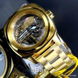 Mens Invicta Aviator Ghost Bridge Mechanical Skeleton Gold Plated 48mm Watch New