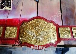 NWA World Tag Team Championship 7 Plate Cast 4MM Brass Metal Red Leather Belt