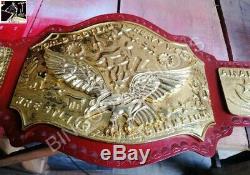 NWA World Tag Team Championship 7 Plate Cast 4MM Brass Metal Red Leather Belt